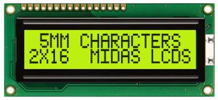 MC21605C6W-SPR-V2 Midas  MC21605C6W Alphanumeric LCD Display, Black on Yellow/Green, 2 Rows by 16 Characters, Reflective