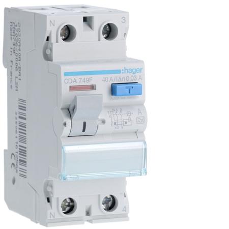 CDA749F Hager CDA RCD Switch, 40A, 2 Pole, 30mA, Type A, 230V