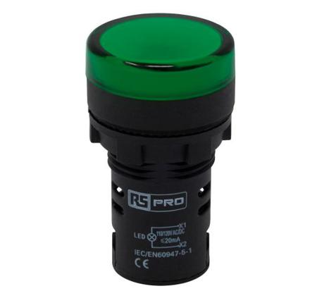 271-7483 RS PRO, Panel Mount Green LED Pilot Light, 22mm Cutout, IP65, Round, 110V ac/dc