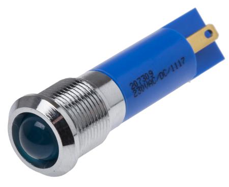 207-309 Prominent Indicator Panel Mount, 12mm Mounting Hole Size, Blue LED, Tab Termination, 8 mm Lamp Size, 230 V ac