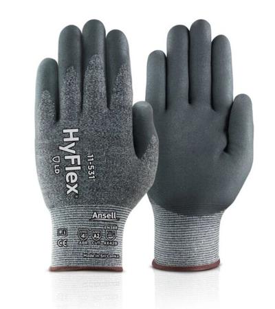 11531VP070 Ansell HyFlex 11-531 Black Glass Fiber, HPPE, Nylon, Spandex (Liner) Abrasion Resistant, Cut Resistant Gloves, Size 7,