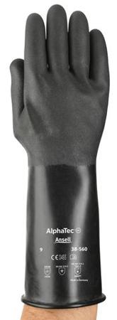 38560080 Ansell AlphaTec 38-560 Black Butyle Chemical Resistant Gloves, Size 8, Polymer Coating