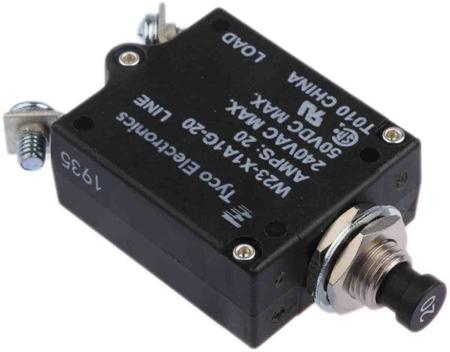 W23-X1A1G-20 TE Connectivity Thermal Circuit Breaker - W23  Single Pole 50 V dc, 250V ac Voltage Rating, 20A Current Rating
