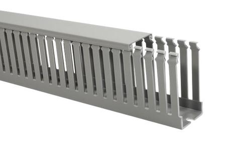 185-42050-HTWD-PD-20X50-PVC-GY HellermannTyton Grey Slotted Panel Trunking - Open Slot, W20 mm x D50mm, L2m, PVC