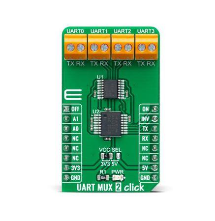 MIKROE-4494 MikroElektronika UART MUX 2 Click MAX399 Sensor Add-On Board for Communication, Data-Acquisition Systems