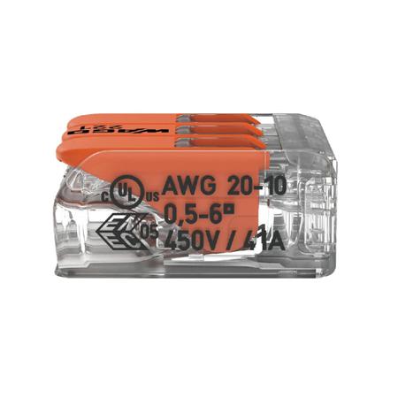 221-613 Wago 221 Terminal Block Connector, 3 Way/Pole, Cage Clamp Terminals, 0.5 → 6 mm², 20 → 10 AWG Cable Mount