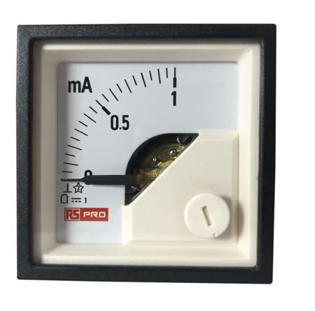 186-2474 RS PRO Analogue Panel Ammeter 1 (Input)mA DC, 45mm x 45mm, 1 % Moving Coil