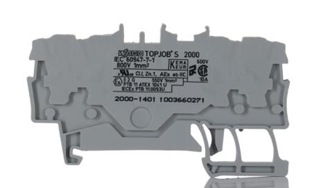 2000-1401 WAGO  TOPJOB S, 2000 Series Grey, 1mm², Single-Level, Push-In Cage Clamp Termination, ATEX, IECEx