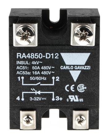 RA4850-D12 Carlo Gavazzi RA 48 Series Solid State Relay, 50 A Load, Panel Mount, 530 V ac Load, 32 V dc Control