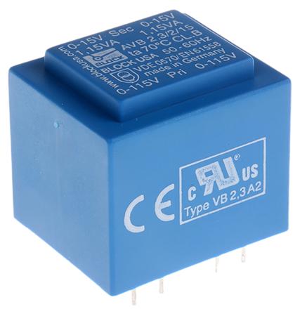 AVB2.3/2/15 Block 15V ac 2 Output Through Hole PCB Transformer, 2.3VA