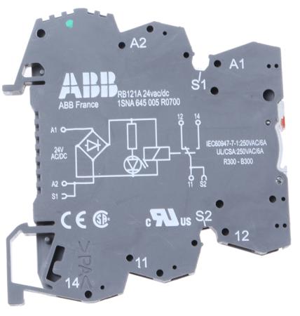 1SNA645005R0700--RB121G-24VUC ABB, 24V ac/dc SPDT Interface Relay Module, DIN Rail R600