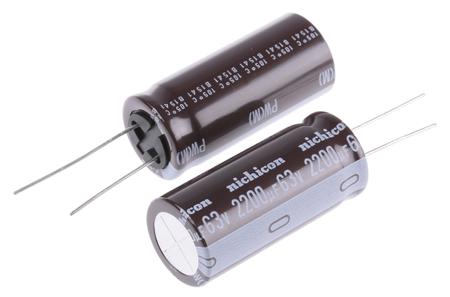 UPW1J222MHD Nichicon 2200μF Aluminium Electrolytic Capacitor 63V dc, Radial, Through Hole -