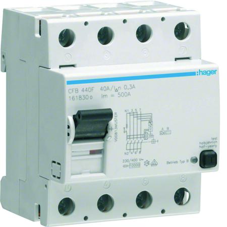 CFB440F Hager CFB RCCB, 40A, 4 Pole, 300mA, Type B, 230 → 400V ac