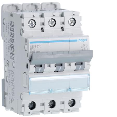 NEN316 Hager NEN MCB, 3P, 16A, 400V AC, 10 Breaking Capacity