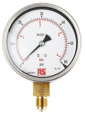 189-002 RS PRO G 3/8 Analogue Pressure Gauge 60psi Bottom Entry 100mm Outside Diameter