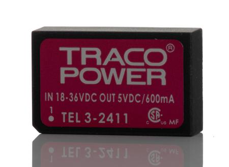 TEL 3-2411 TRACOPOWER TEL 3 DC-DC Converter, 5V dc/ 600mA Output, 18 → 36 V dc Input, 3W, Through Hole, +85°C Max Temp