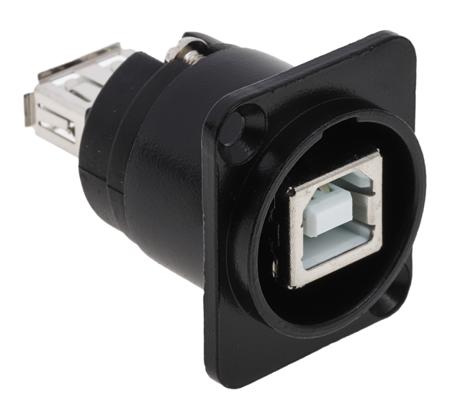 124-6393 RS PRO Straight, Panel Mount, Socket to Socket- Dual Port Type B to A 2.0 USB Connector