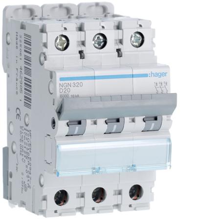 NGN320 Hager NGN MCB, 3P, 20A, 400V AC, 10 Breaking Capacity
