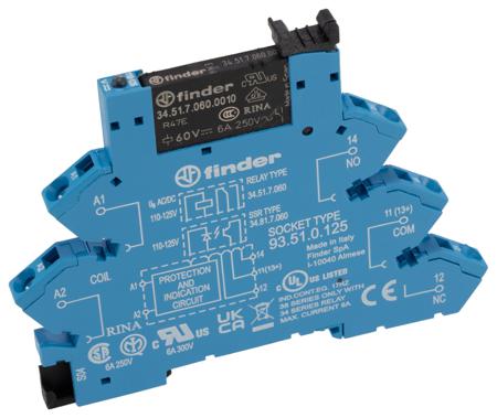 38.61.0.125.0060 Finder 38 Series Interface Relay Module, DIN Rail Mount, 110V ac/dc Coil, SPDT, 1-Pole, 6/10A Load