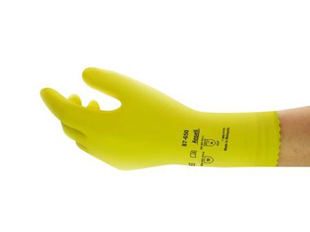 87650100BP Ansell AlphaTec 87-650 Yellow Cotton Chemical Resistant Work Gloves, Size 9.5 to 10, Latex, Natural Rubber Coating