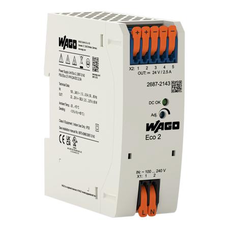 2687-2143 WAGO 2687 Power Supply, 240V ac ac Input, 24V dc dc Output, 2.5A Output, 60W