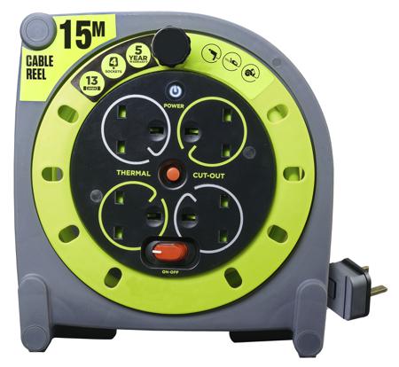 889-2488 15m Extension Reel Type G - British,4 Socket ,Unwound Current Rating 13A,240 V,Yellow