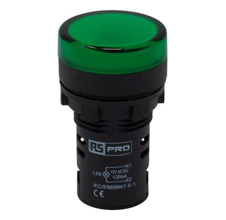 271-7481 RS PRO, Panel Mount Green LED Pilot Light, 22mm Cutout, IP65, Round, 12V ac/dc