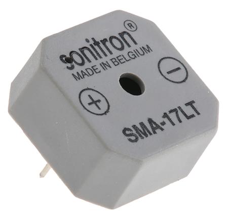 SMA-17LT-P10 Sonitron 86dB Through Hole Continuous Internal Buzzer, 17.5 x 17.5 x 8mm, 1.5V dc Min, 15V dc Max