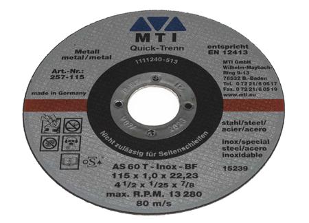 257-115 MTI Aluminium Oxide Cutting Disc, 115mm x 1mm Thick, 1 in pack
