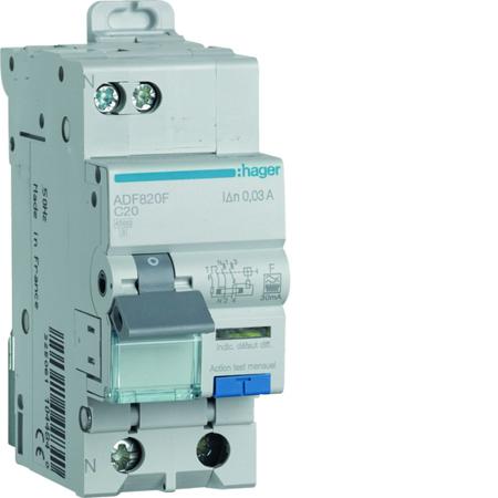 ADF820F Hager RCBO, 30A Current Rating, 1P+N Poles, 30mA Trip Sensitivity, Type F