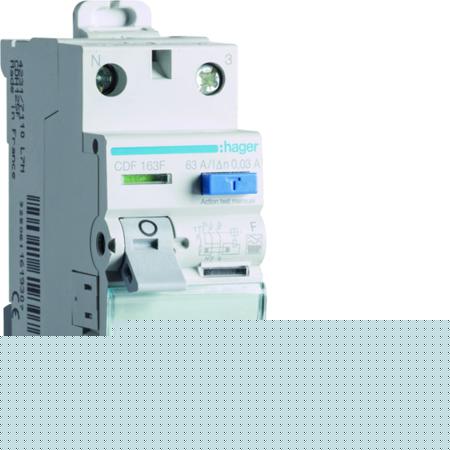 CDF163F Hager CDF RCD Switch, 63A, 2 Pole, 30mA, Type F, 230V