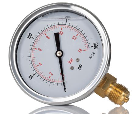 235-1297 RS PRO BSP 1/2in Analogue Pressure Gauge 200psi Bottom Entry 100mm Outside Diameter