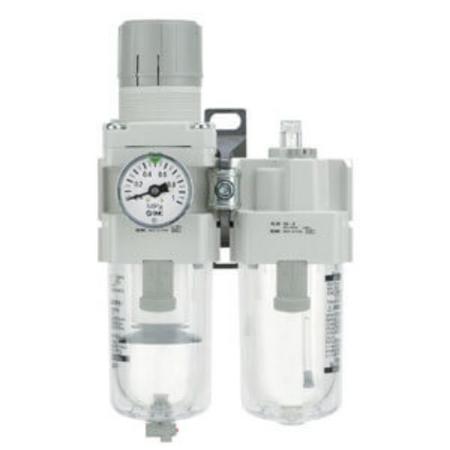 AC20A-F01G-A SMC 1/4 in, 1/8 in Filter Regulator Lubricator, Automatic Drain, 5μm Filtration Size - With Pressure Gauge