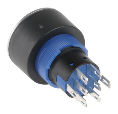 175-8436 2NO/2NC Lock Push Button Switch, IP65, 22.2 Dia.mm, Panel Mount Blue LED, Power Symbol, 250V ac