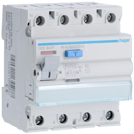 CDC447F Hager CDC RCD Switch, 40A, 4 Pole, 30mA, Type AC, 230 → 400V