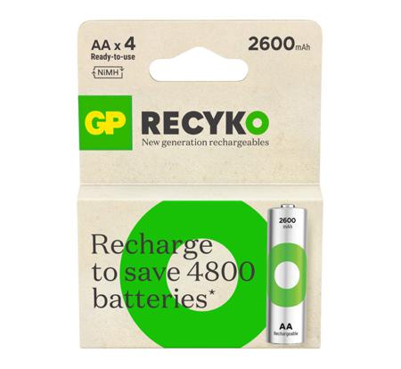 GPRHC272E044 Gp Batteries GP Recyko AA NiMH Rechargeable AA Battery, 2.65Ah, 1.2V - Pack of 4