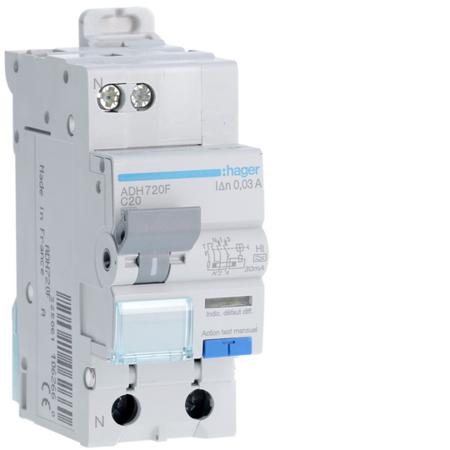 ADH720F Hager RCBO, 20A Current Rating, 1P+N Poles, 30mA Trip Sensitivity, Type A