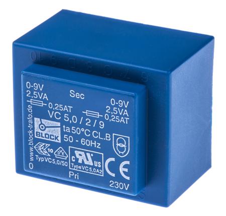 VC 5/2/9 Block 9V ac 2 Output Through Hole PCB Transformer, 5VA