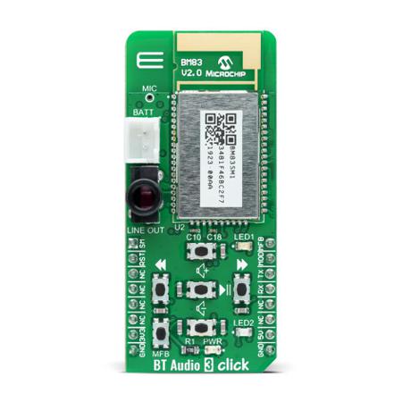 MIKROE-4947 MikroElektronika BT Audio 3 Click AK4430, BM83 Bluetooth Audio Add On Board for mikroBUS socket 2.4 → 2.48GHz