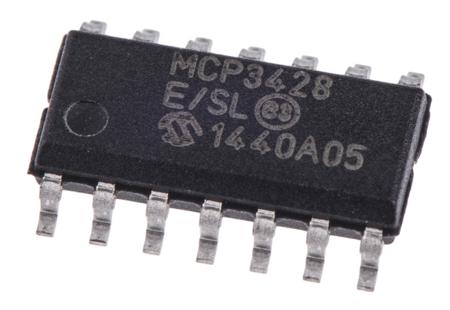 MCP3428-E-SL Microchip MCP3428-E/SL, 16-Bit Serial ADC 4-channel Differential Input, 14-Pin SOIC