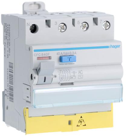 CFC840F Hager CFC RCD Switch, 40A, 4 Pole, 300mA, Type AC, 230 → 400V