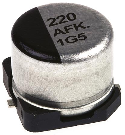 EEEFKA221XAP Panasonic Aluminium Electrolytic Capacitor 220μF 10V dc 6.3mm D8 FK SMD Series, Surface Mount Electrolytic, ±20%