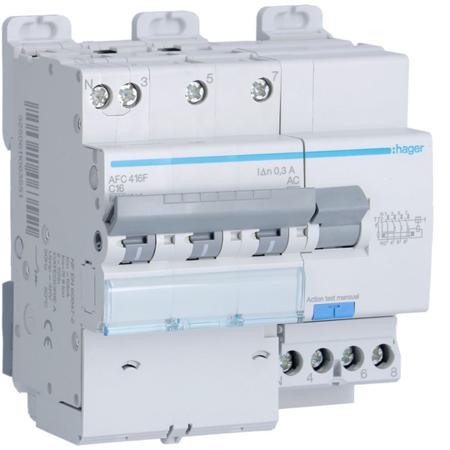 AFC416F Hager RCBO, 16A Current Rating, 3P+N Poles, 300mA Trip Sensitivity, Type AC