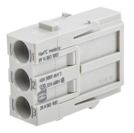 09140033002 HARTING Heavy Duty Power Connector Module, 40A, Male, Han-Modular Series, 3 Contacts