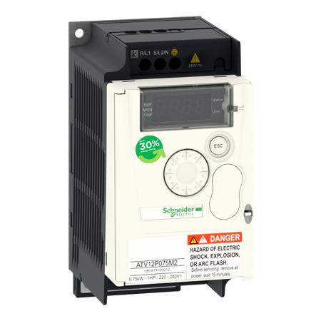 ATV12P075M2 Schneider Electric Inverter Drive, 0.75 kW, 1 Phase, 230 V ac, 10.2 A, ATV 12 Series