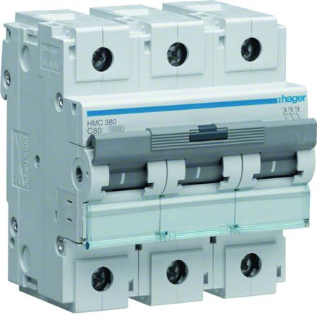 HMC380 Hager HMC MCB, 3P, 80A, 400V AC, 15 Breaking Capacity