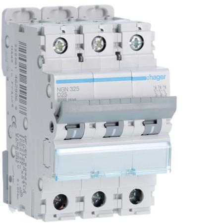 NGN325 Hager NGN MCB, 3P, 25A, 400V AC, 10 Breaking Capacity