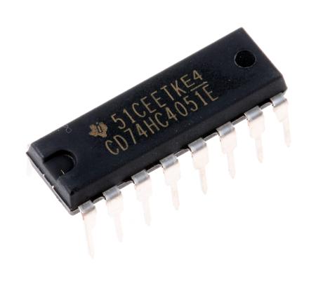 CD74HC4051E Texas Instruments  Multiplexer/Demultiplexer Single 8:1 3 V, 5 V, 16-Pin PDIP
