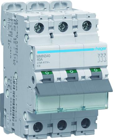 MMN340 Hager MMN MCB, 3P, 40A, 400V AC, 20 kA Breaking Capacity
