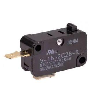 V-15-2C26-K Omron Plunger Microswitch, PCB Terminal, 15A at 250Vac VA, 600mA at 125Vdc VA, SPST, IP40